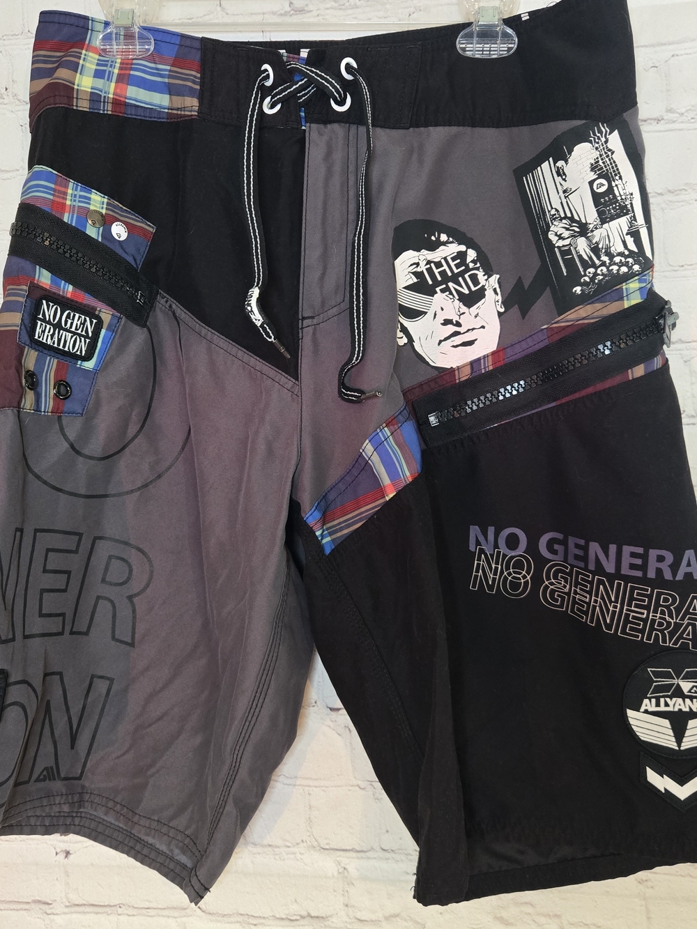 Men’s Patchwork Board Shorts - Black & Gray Plaid Accents